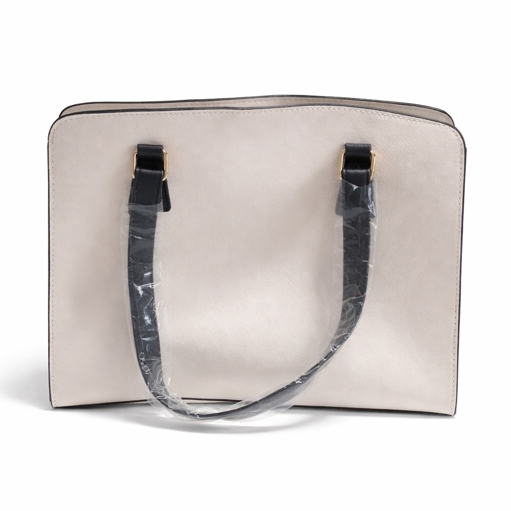 Loulu White Saffiano Faux Leather Top Handle Purse with Black Handles Gold Logo - Picture 2 of 11